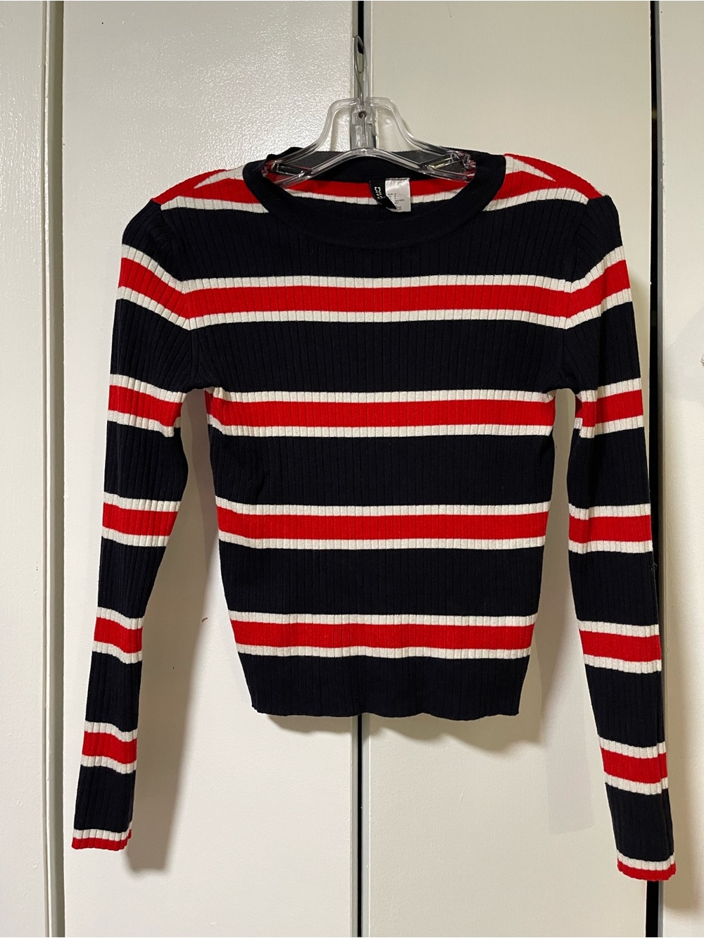 Divided Black, Red & White Striped Ribbed Long Sleeve Tee